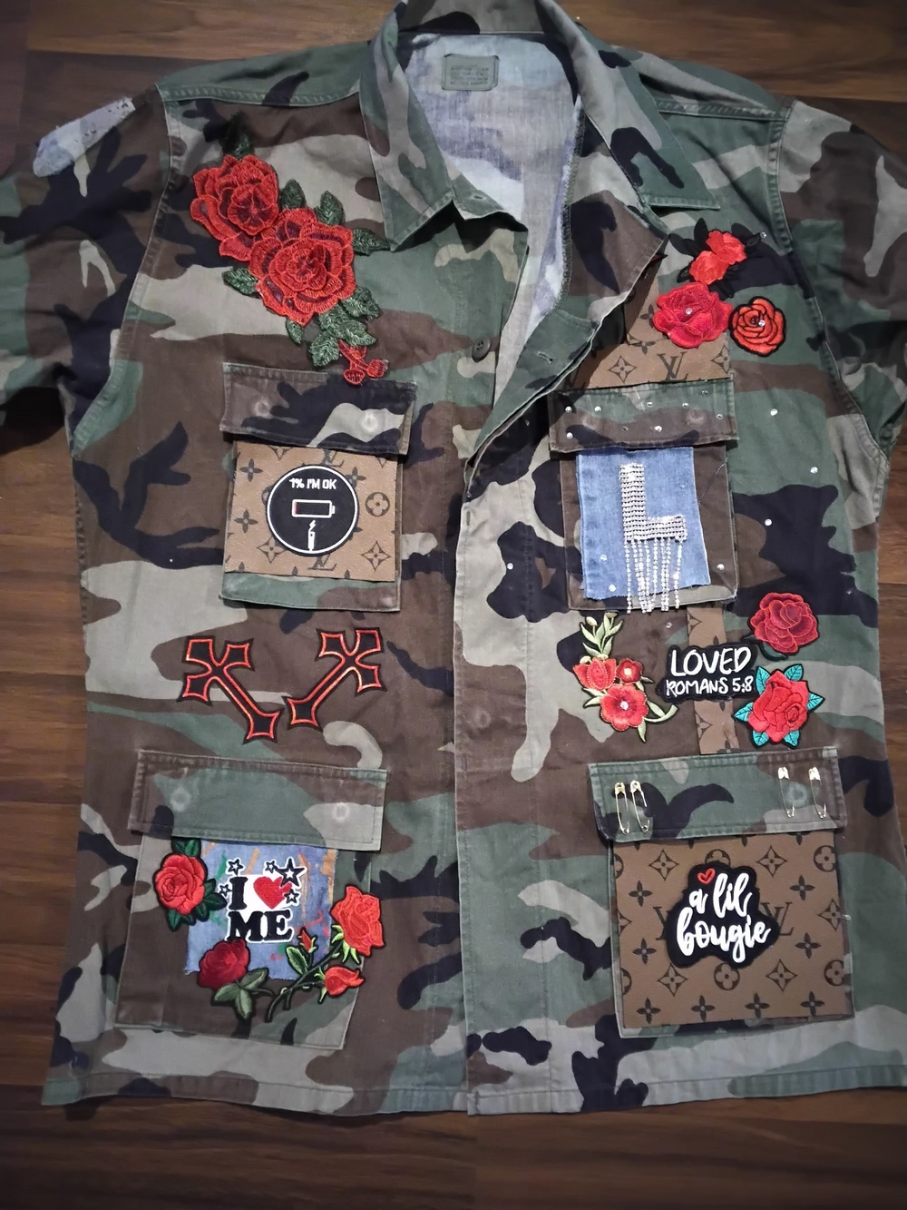 Camo Military Jacket with Red Rose Patches